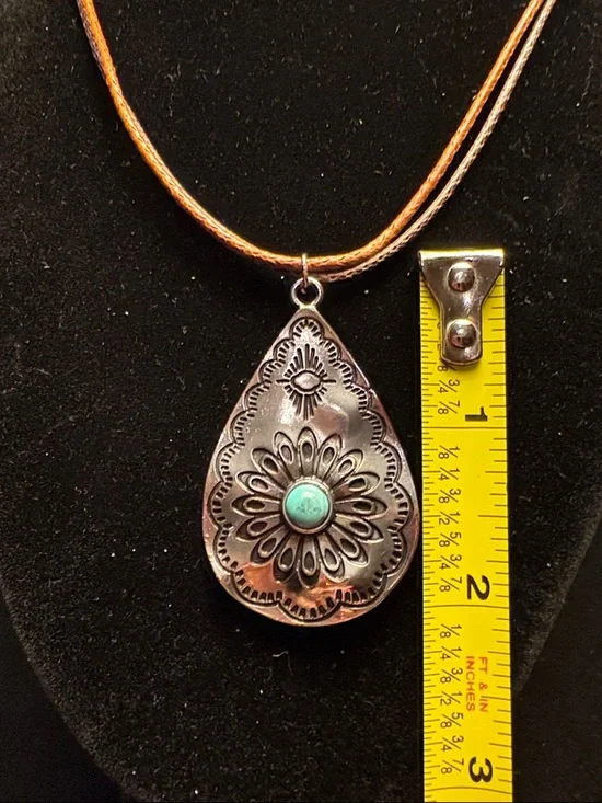 Handcrafted Teardrop Pendant Necklace Turquoise Accent on a Brown leather cord - Picture 3 of 4